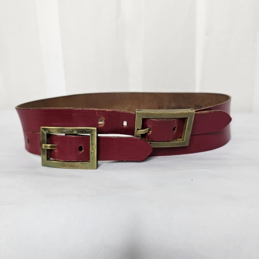 Vintage Roger Van S Red Leather Double Buckle Asymmetric Belt SMALL